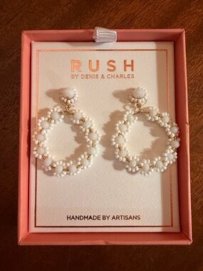 RUSH White Floral Beaded Gold Hoop Earrings